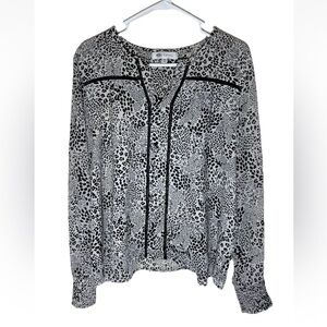 Fever Animal Print Blouse Womens Size XL White Black Boho Semi Sheer